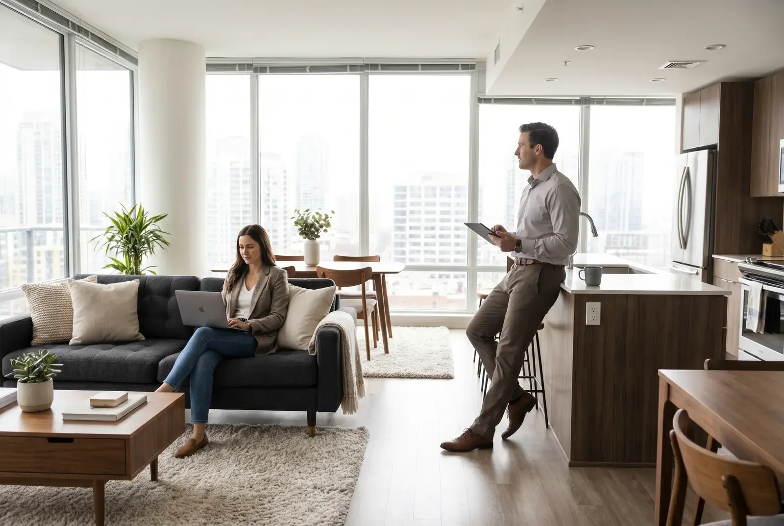 Two business professionals working in a modern serviced corporate apartment