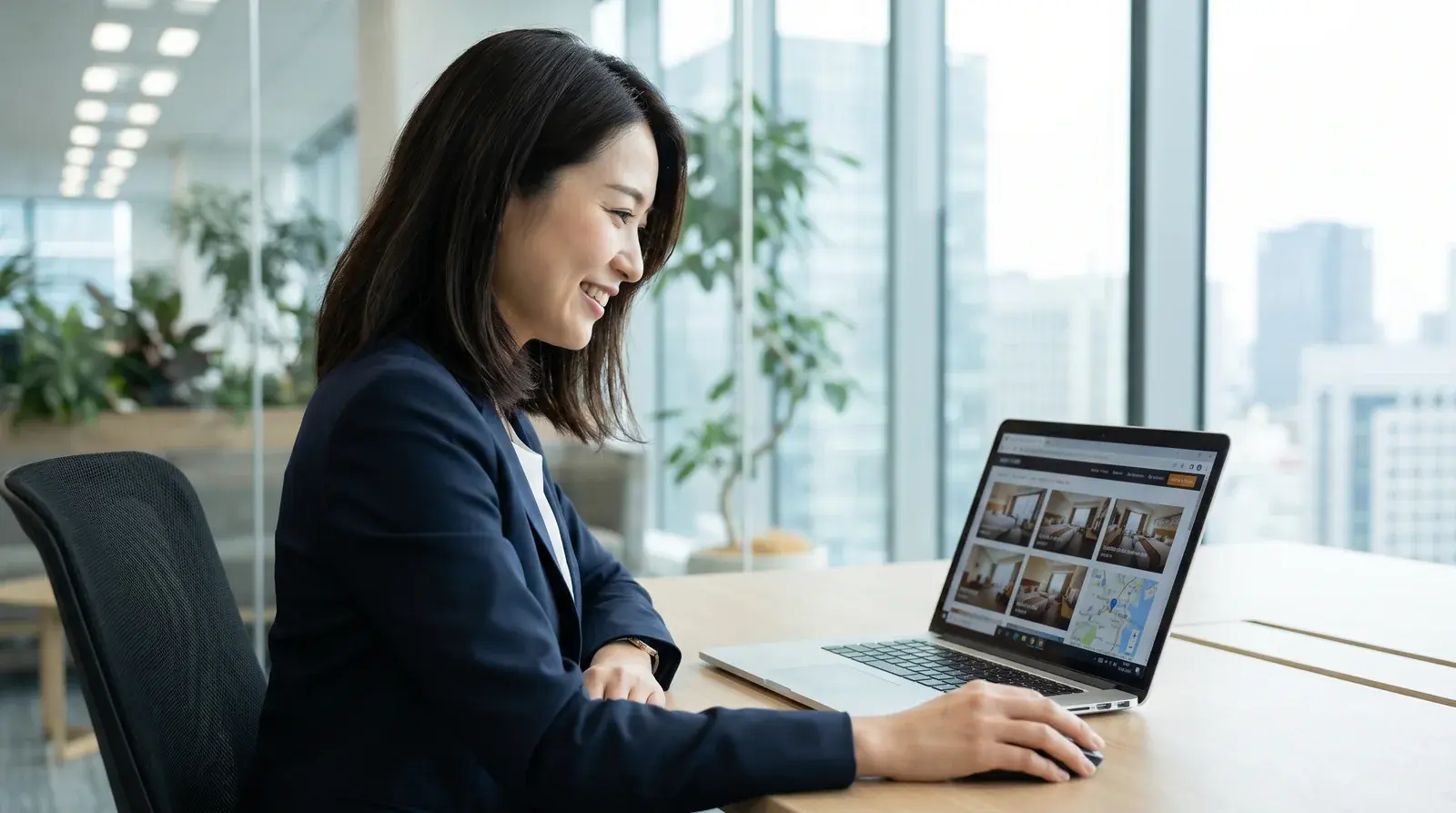 A facilities manager reviewing corporate accommodation options on a laptop